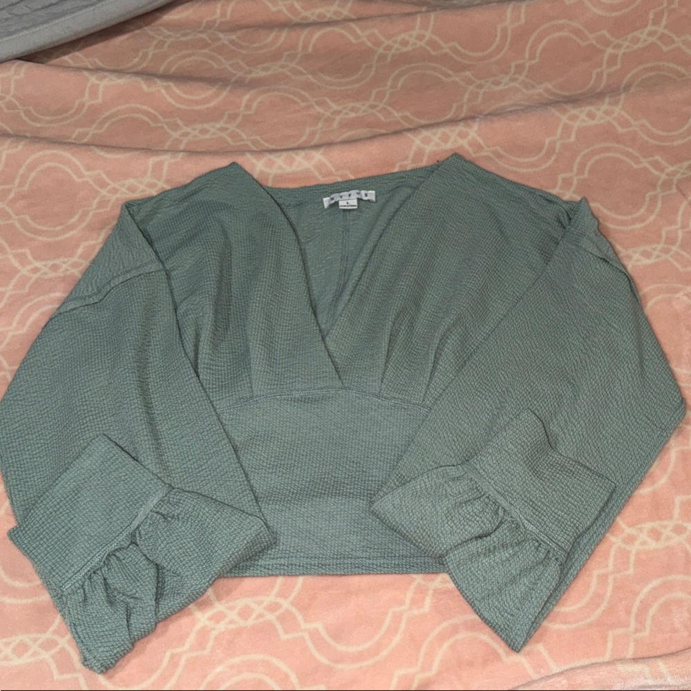 HYFVE Sage Green Cropped V-Neck Long Sleeve Top